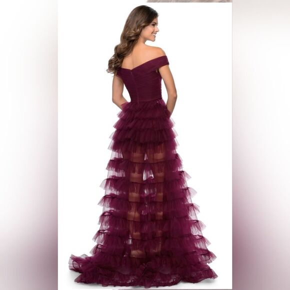 La Femme 28804 Off-Shoulder Tiered Ruffle A-Line Dress NWT size 6 Berry - Picture 2 of 5